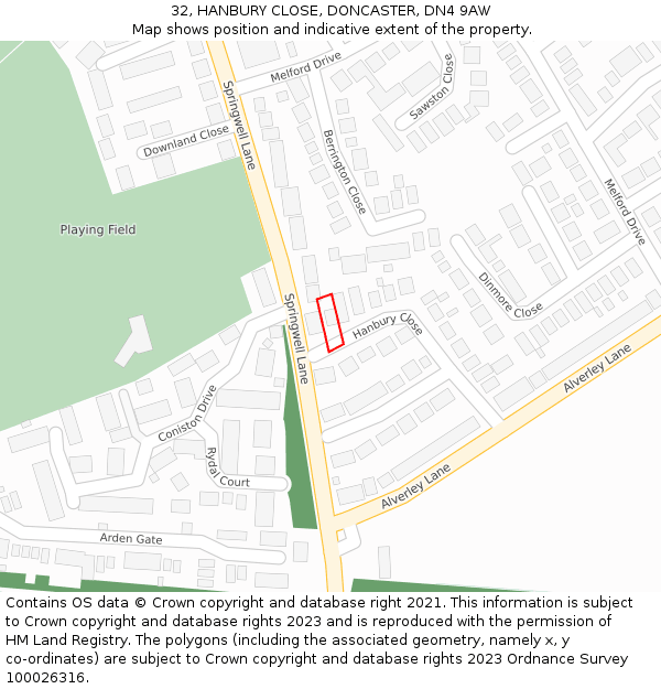 32, HANBURY CLOSE, DONCASTER, DN4 9AW: Location map and indicative extent of plot