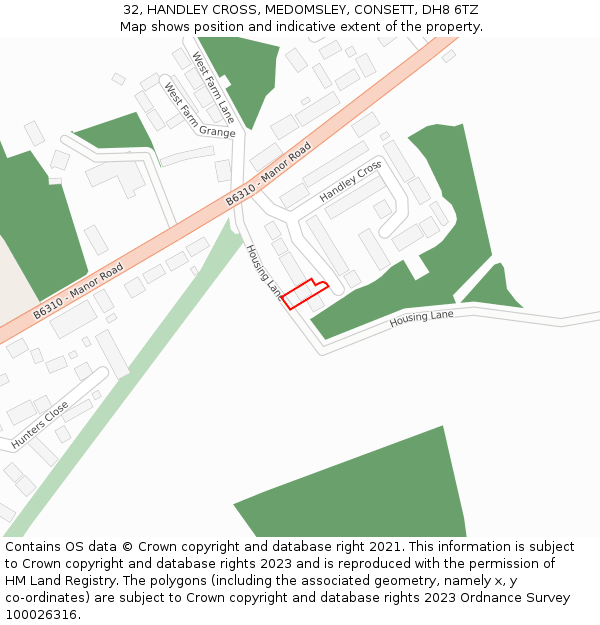 32, HANDLEY CROSS, MEDOMSLEY, CONSETT, DH8 6TZ: Location map and indicative extent of plot