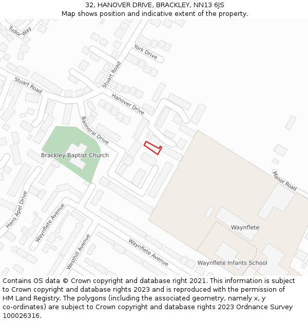 32, HANOVER DRIVE, BRACKLEY, NN13 6JS: Location map and indicative extent of plot