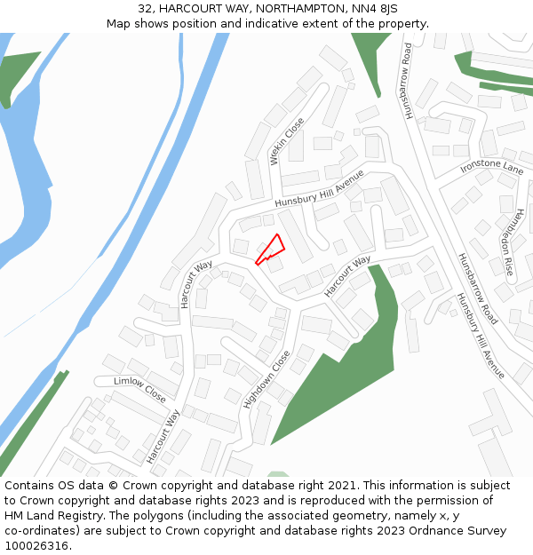 32, HARCOURT WAY, NORTHAMPTON, NN4 8JS: Location map and indicative extent of plot