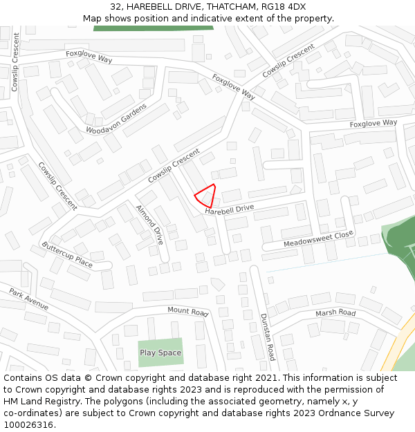 32, HAREBELL DRIVE, THATCHAM, RG18 4DX: Location map and indicative extent of plot