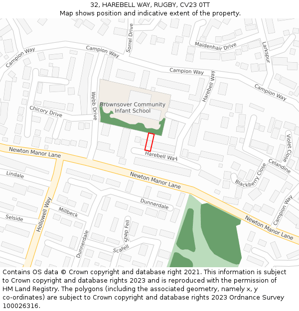 32, HAREBELL WAY, RUGBY, CV23 0TT: Location map and indicative extent of plot
