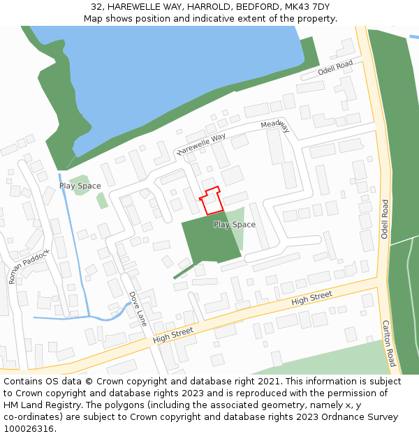 32, HAREWELLE WAY, HARROLD, BEDFORD, MK43 7DY: Location map and indicative extent of plot