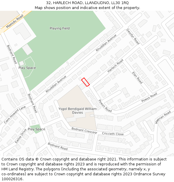 32, HARLECH ROAD, LLANDUDNO, LL30 1RQ: Location map and indicative extent of plot