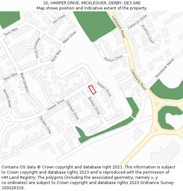 32, HARPER DRIVE, MICKLEOVER, DERBY, DE3 0AE: Location map and indicative extent of plot