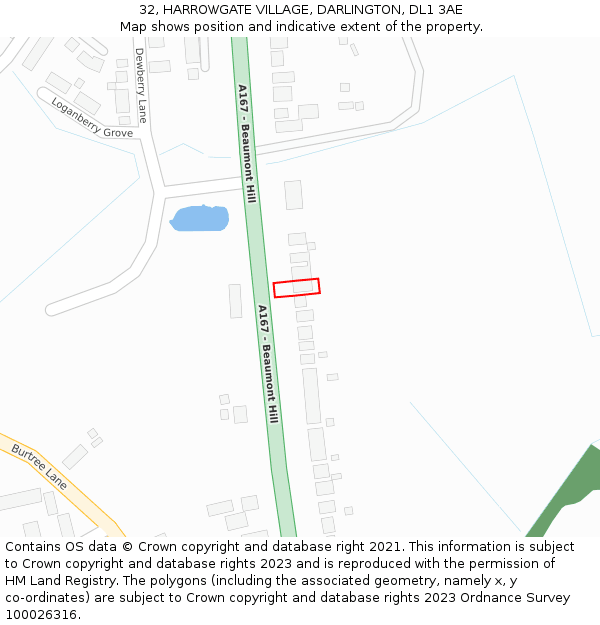 32, HARROWGATE VILLAGE, DARLINGTON, DL1 3AE: Location map and indicative extent of plot