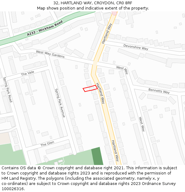 32, HARTLAND WAY, CROYDON, CR0 8RF: Location map and indicative extent of plot