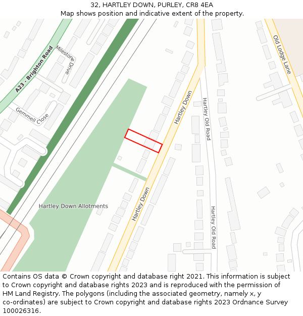 32, HARTLEY DOWN, PURLEY, CR8 4EA: Location map and indicative extent of plot
