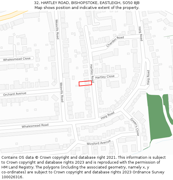 32, HARTLEY ROAD, BISHOPSTOKE, EASTLEIGH, SO50 8JB: Location map and indicative extent of plot