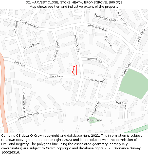 32, HARVEST CLOSE, STOKE HEATH, BROMSGROVE, B60 3QS: Location map and indicative extent of plot