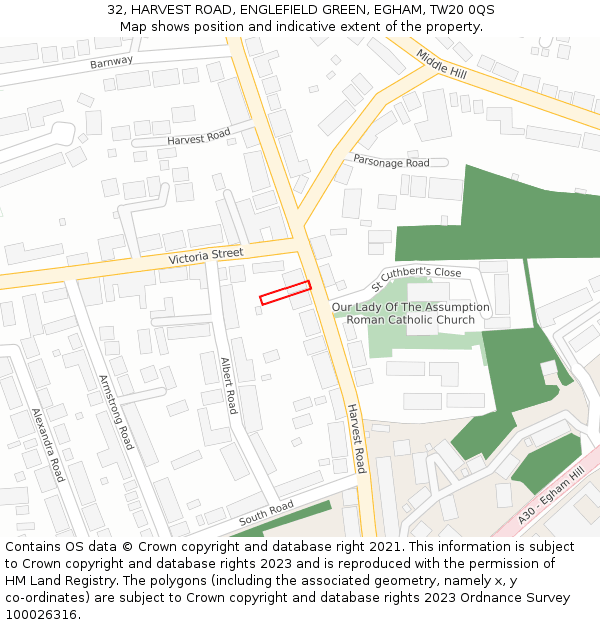 32, HARVEST ROAD, ENGLEFIELD GREEN, EGHAM, TW20 0QS: Location map and indicative extent of plot