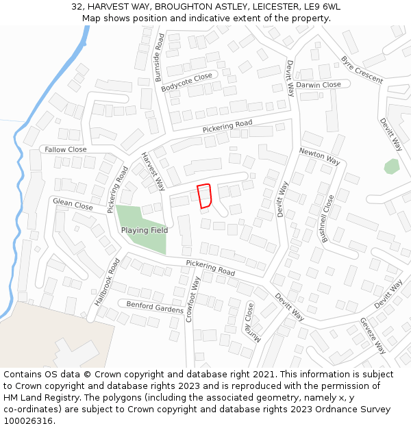 32, HARVEST WAY, BROUGHTON ASTLEY, LEICESTER, LE9 6WL: Location map and indicative extent of plot