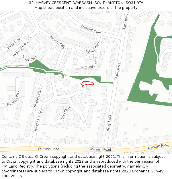 32, HARVEY CRESCENT, WARSASH, SOUTHAMPTON, SO31 9TA: Location map and indicative extent of plot