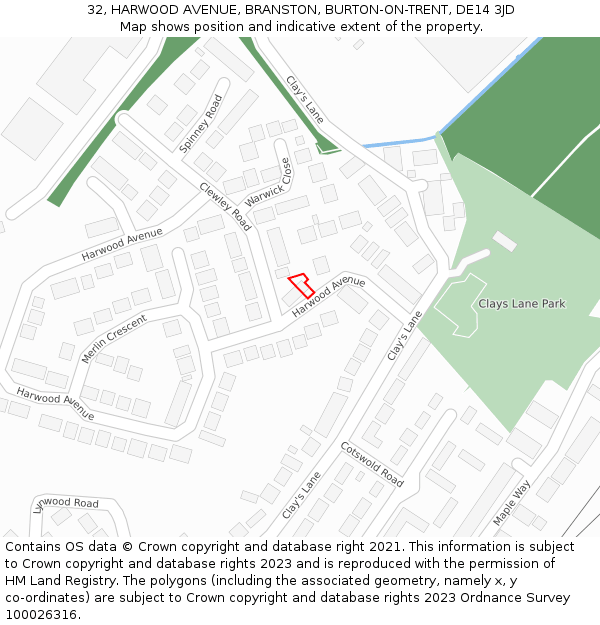 32, HARWOOD AVENUE, BRANSTON, BURTON-ON-TRENT, DE14 3JD: Location map and indicative extent of plot