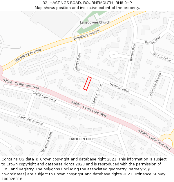 32, HASTINGS ROAD, BOURNEMOUTH, BH8 0HP: Location map and indicative extent of plot