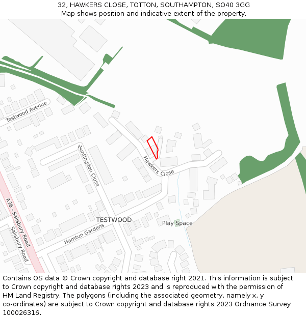 32, HAWKERS CLOSE, TOTTON, SOUTHAMPTON, SO40 3GG: Location map and indicative extent of plot