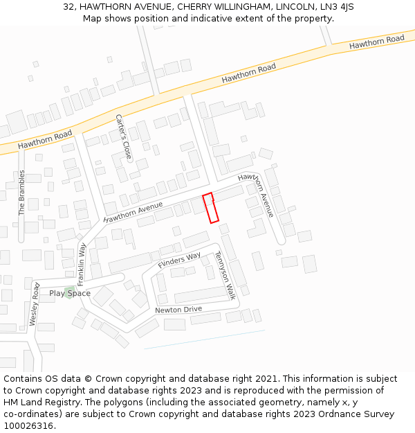 32, HAWTHORN AVENUE, CHERRY WILLINGHAM, LINCOLN, LN3 4JS: Location map and indicative extent of plot