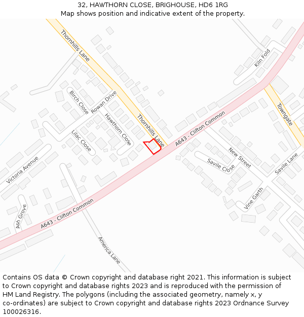 32, HAWTHORN CLOSE, BRIGHOUSE, HD6 1RG: Location map and indicative extent of plot