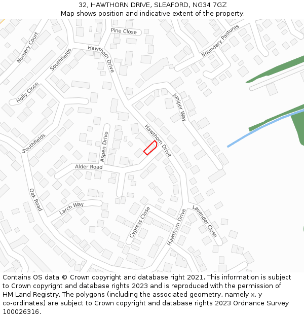 32, HAWTHORN DRIVE, SLEAFORD, NG34 7GZ: Location map and indicative extent of plot