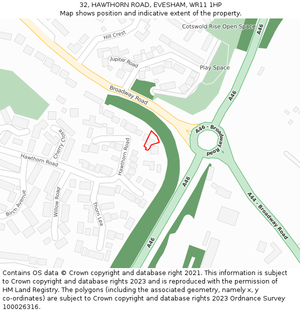 32, HAWTHORN ROAD, EVESHAM, WR11 1HP: Location map and indicative extent of plot