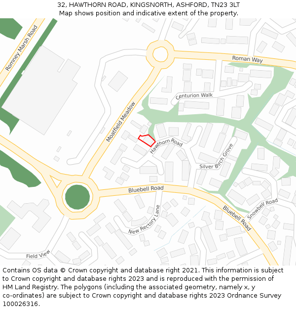 32, HAWTHORN ROAD, KINGSNORTH, ASHFORD, TN23 3LT: Location map and indicative extent of plot