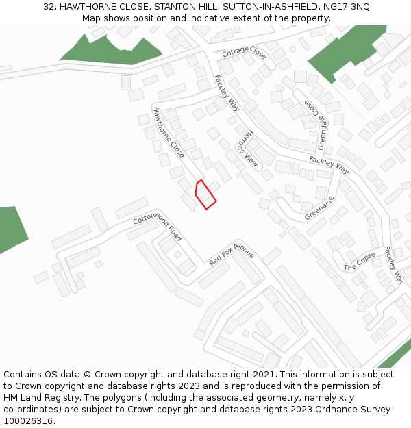 32, HAWTHORNE CLOSE, STANTON HILL, SUTTON-IN-ASHFIELD, NG17 3NQ: Location map and indicative extent of plot
