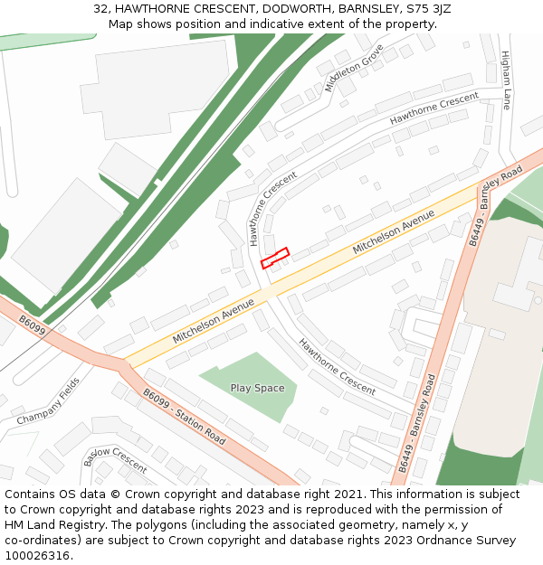 32, HAWTHORNE CRESCENT, DODWORTH, BARNSLEY, S75 3JZ: Location map and indicative extent of plot