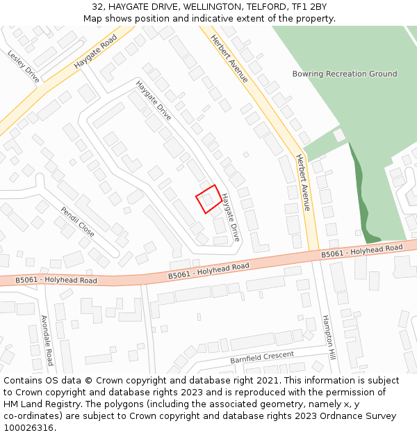 32, HAYGATE DRIVE, WELLINGTON, TELFORD, TF1 2BY: Location map and indicative extent of plot