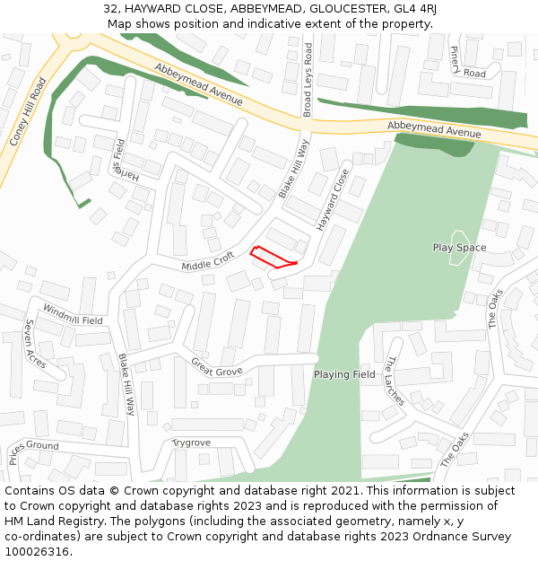 32, HAYWARD CLOSE, ABBEYMEAD, GLOUCESTER, GL4 4RJ: Location map and indicative extent of plot