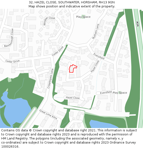 32, HAZEL CLOSE, SOUTHWATER, HORSHAM, RH13 9GN: Location map and indicative extent of plot