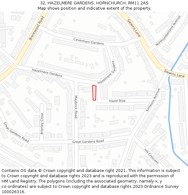 32, HAZELMERE GARDENS, HORNCHURCH, RM11 2AS: Location map and indicative extent of plot