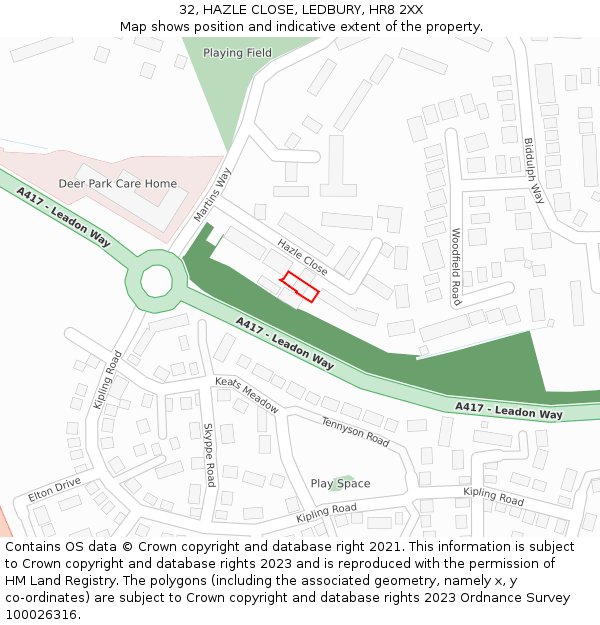 32, HAZLE CLOSE, LEDBURY, HR8 2XX: Location map and indicative extent of plot