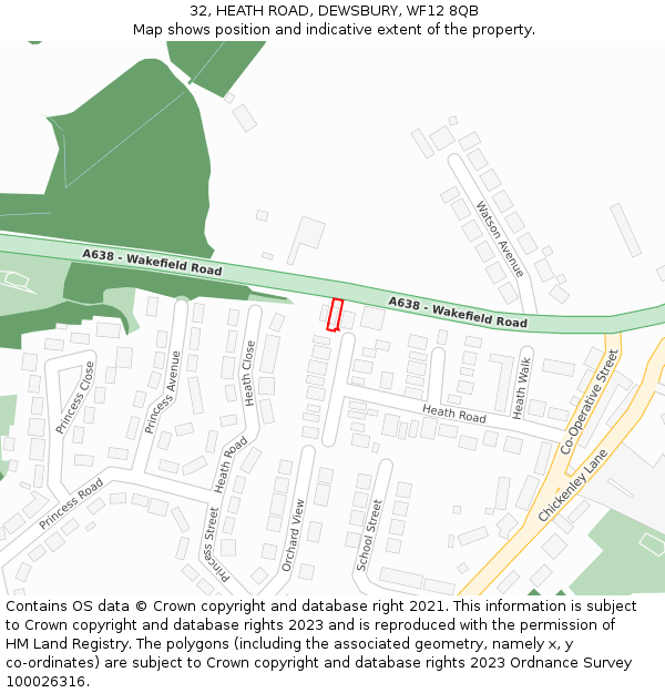 32, HEATH ROAD, DEWSBURY, WF12 8QB: Location map and indicative extent of plot