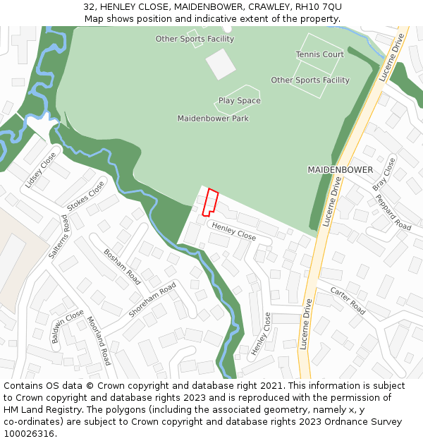 32, HENLEY CLOSE, MAIDENBOWER, CRAWLEY, RH10 7QU: Location map and indicative extent of plot