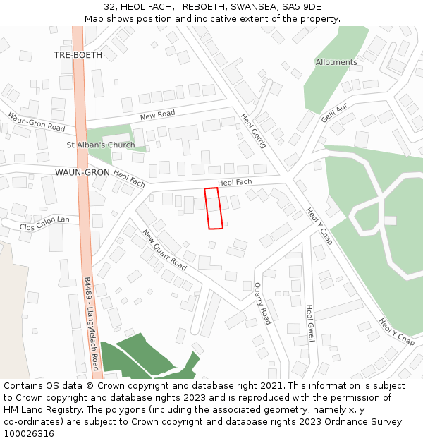 32, HEOL FACH, TREBOETH, SWANSEA, SA5 9DE: Location map and indicative extent of plot