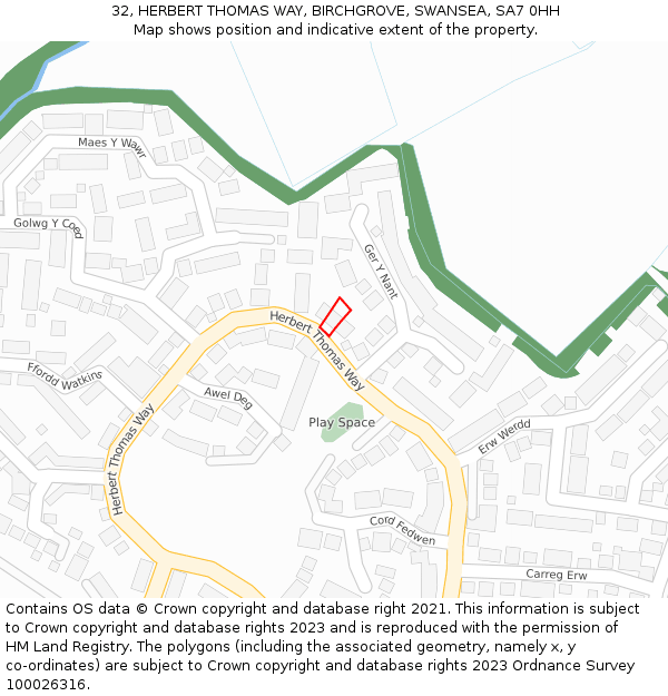 32, HERBERT THOMAS WAY, BIRCHGROVE, SWANSEA, SA7 0HH: Location map and indicative extent of plot