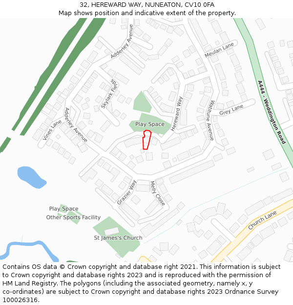 32, HEREWARD WAY, NUNEATON, CV10 0FA: Location map and indicative extent of plot