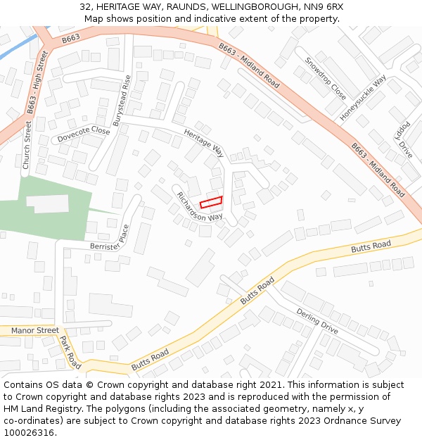 32, HERITAGE WAY, RAUNDS, WELLINGBOROUGH, NN9 6RX: Location map and indicative extent of plot