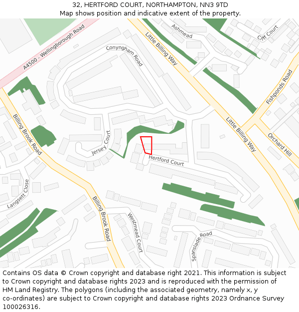 32, HERTFORD COURT, NORTHAMPTON, NN3 9TD: Location map and indicative extent of plot