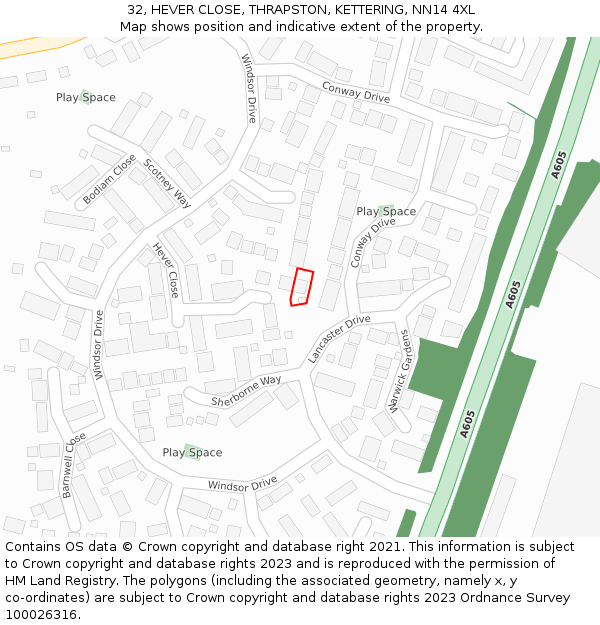 32, HEVER CLOSE, THRAPSTON, KETTERING, NN14 4XL: Location map and indicative extent of plot