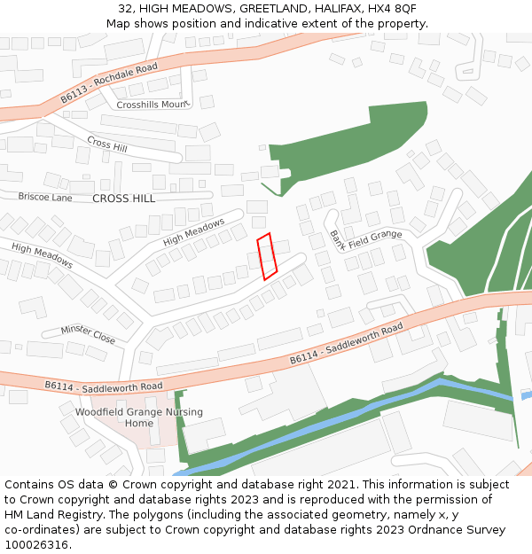 32, HIGH MEADOWS, GREETLAND, HALIFAX, HX4 8QF: Location map and indicative extent of plot