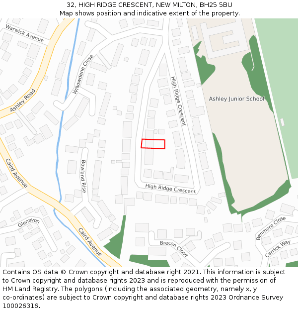 32, HIGH RIDGE CRESCENT, NEW MILTON, BH25 5BU: Location map and indicative extent of plot