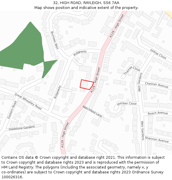 32, HIGH ROAD, RAYLEIGH, SS6 7AA: Location map and indicative extent of plot