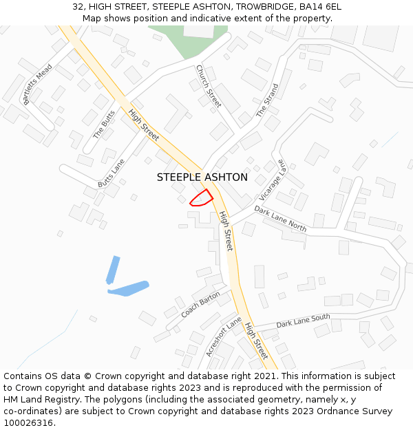 32, HIGH STREET, STEEPLE ASHTON, TROWBRIDGE, BA14 6EL: Location map and indicative extent of plot