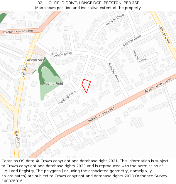 32, HIGHFIELD DRIVE, LONGRIDGE, PRESTON, PR3 3SP: Location map and indicative extent of plot