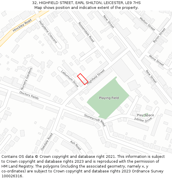 32, HIGHFIELD STREET, EARL SHILTON, LEICESTER, LE9 7HS: Location map and indicative extent of plot