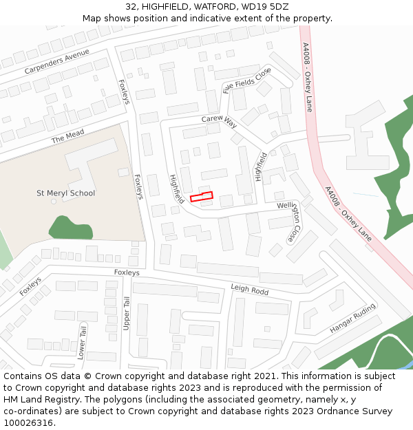 32, HIGHFIELD, WATFORD, WD19 5DZ: Location map and indicative extent of plot