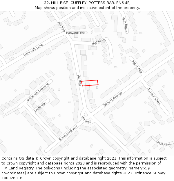 32, HILL RISE, CUFFLEY, POTTERS BAR, EN6 4EJ: Location map and indicative extent of plot