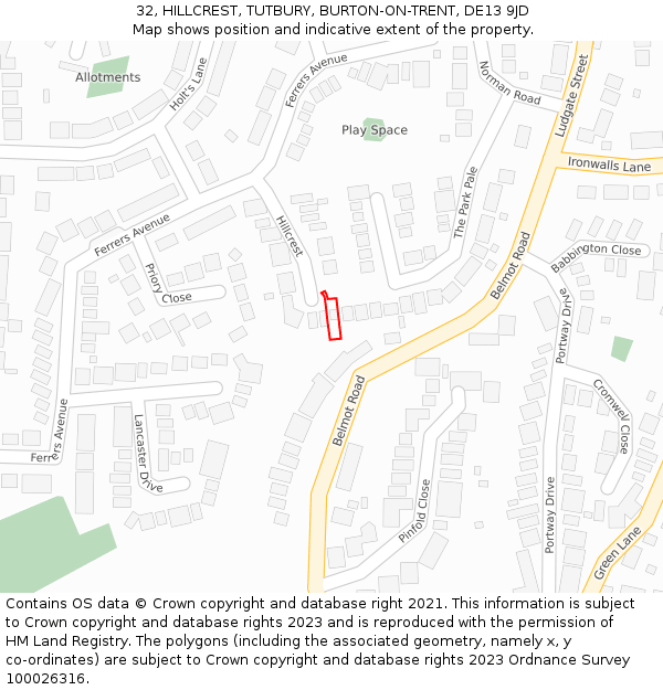 32, HILLCREST, TUTBURY, BURTON-ON-TRENT, DE13 9JD: Location map and indicative extent of plot