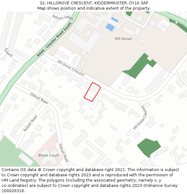32, HILLGROVE CRESCENT, KIDDERMINSTER, DY10 3AP: Location map and indicative extent of plot